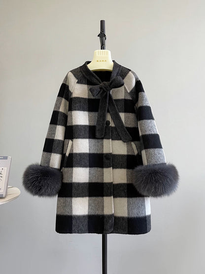 Piano key autumn and winter woolen coat women's cloak fox fur temperament bow double-sided wool velvet coat K606