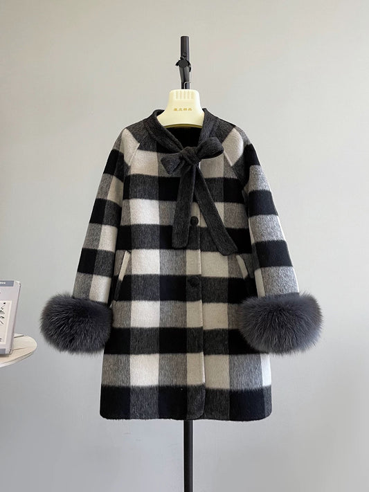 Piano key autumn and winter woolen coat women's cloak fox fur temperament bow double-sided wool velvet coat K606