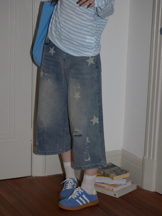 Chaochao's Blue Starry Sky Wide-Leg Jeans for Women, Summer American Style, Loose Fit, Straight Leg, Casual Capri Pants