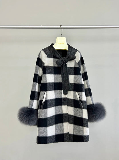 Piano key autumn and winter woolen coat women's cloak fox fur temperament bow double-sided wool velvet coat K606