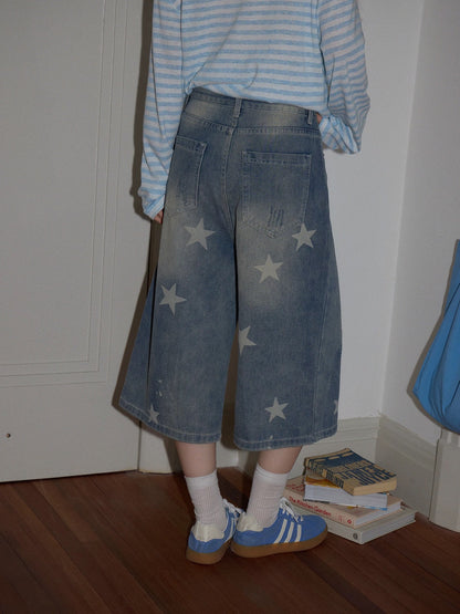 Chaochao's Blue Starry Sky Wide-Leg Jeans for Women, Summer American Style, Loose Fit, Straight Leg, Casual Capri Pants