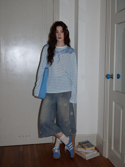 Chaochao's Blue Starry Sky Wide-Leg Jeans for Women, Summer American Style, Loose Fit, Straight Leg, Casual Capri Pants
