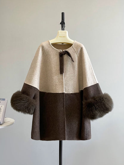 Contrast color large round neck splicing detachable fur sleeves mid-length double-faced wool velvet coat woolen coat female K649