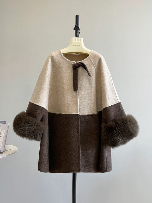 Contrast color large round neck splicing detachable fur sleeves mid-length double-faced wool velvet coat woolen coat female K649