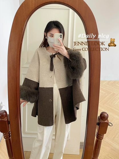 Contrast color large round neck splicing detachable fur sleeves mid-length double-faced wool velvet coat woolen coat female K649