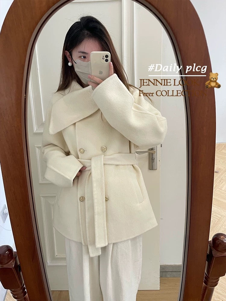 Vienna Camellia double-faced wool velvet coat female autumn and winter new Korean small lace wool coat K580