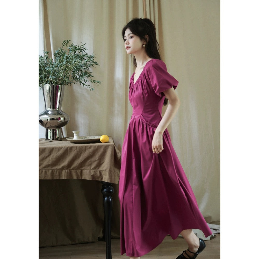 The plums are ripe [Green Apple Paradise] Heart-shaped neckline, puff sleeves, white long skirt, high waist, slimming holiday dress