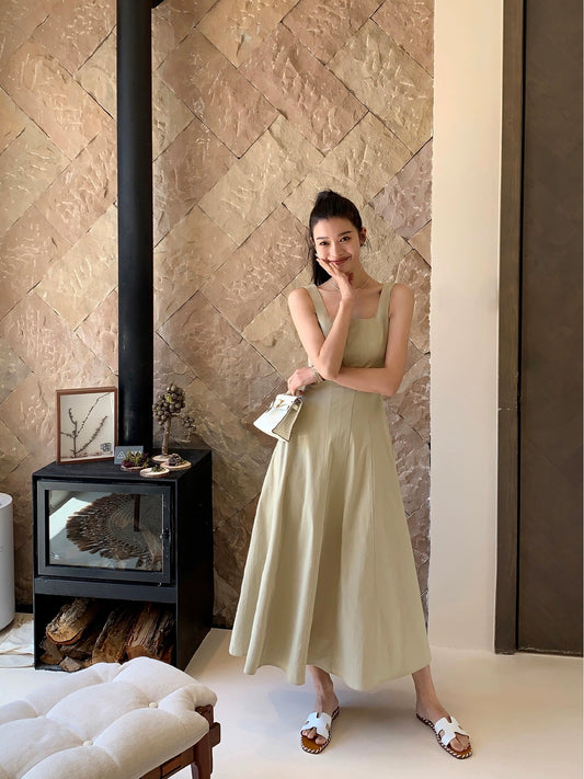 pusumede Hepburn style big u-neck suspender dress for women summer new style gentle temperament sleeveless waist long dress