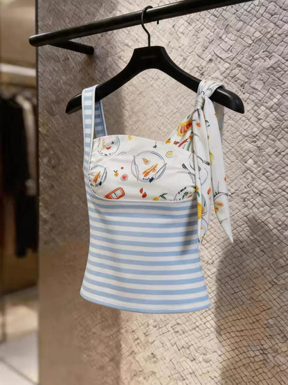 Chic, youthful-style camisole featuring a scarf-inspired print and stripes; a slim-fit, versatile summer top suitable for layering or wearing alone—perfect for a vacation look.