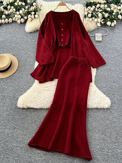 Lazy Style Casual Suit for Women - Loose Fit, Versatile, Sleeveless Square Neck Vest, Loose Outerwear, Knitted Cardigan, Skirt