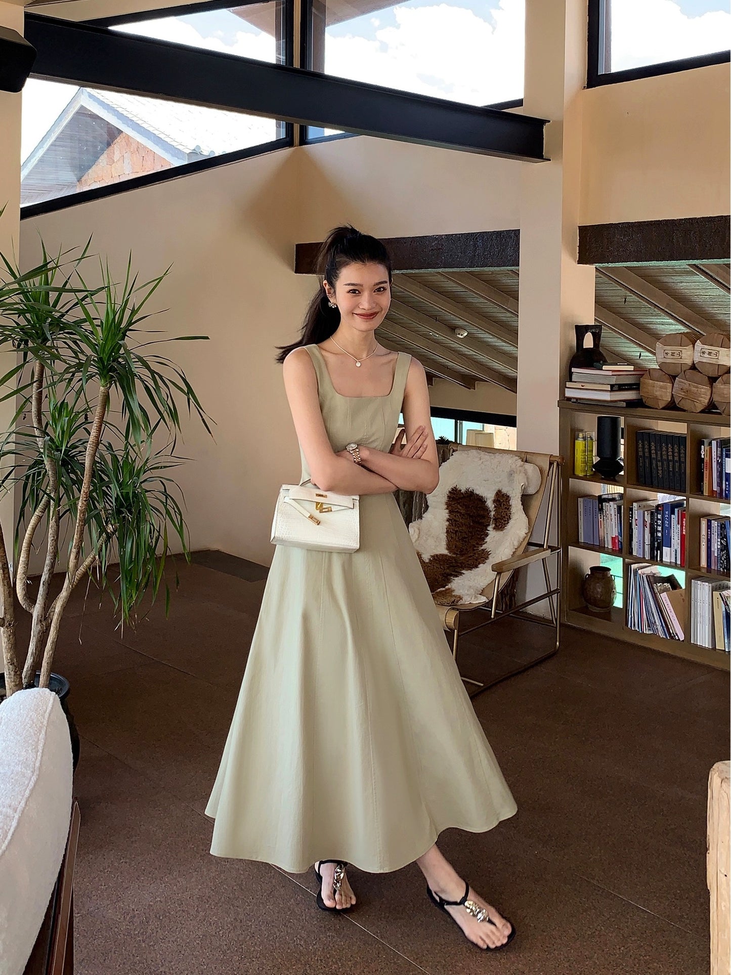pusumede Hepburn style big u-neck suspender dress for women summer new style gentle temperament sleeveless waist long dress
