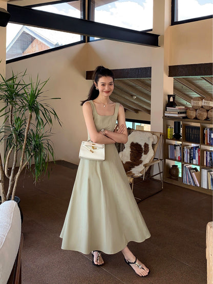 pusumede Hepburn style big u-neck suspender dress for women summer new style gentle temperament sleeveless waist long dress