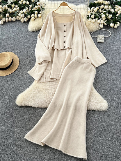 Lazy Style Casual Suit for Women - Loose Fit, Versatile, Sleeveless Square Neck Vest, Loose Outerwear, Knitted Cardigan, Skirt
