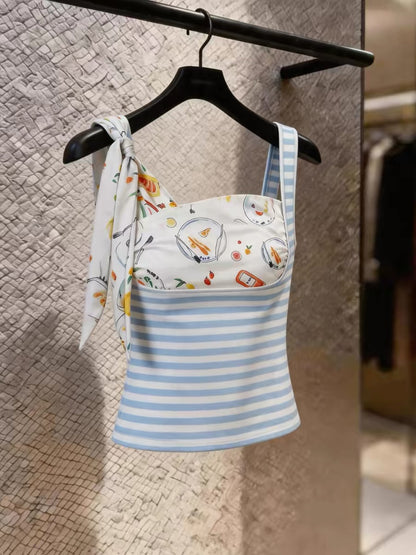 Chic, youthful-style camisole featuring a scarf-inspired print and stripes; a slim-fit, versatile summer top suitable for layering or wearing alone—perfect for a vacation look.