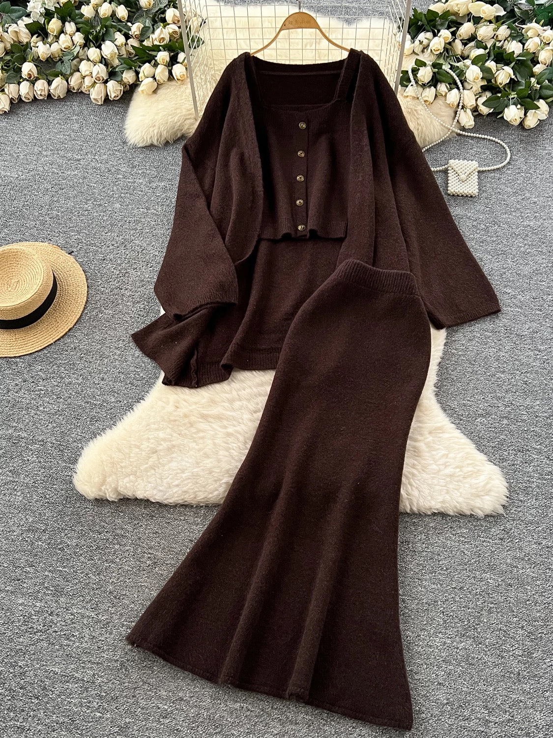 Lazy Style Casual Suit for Women - Loose Fit, Versatile, Sleeveless Square Neck Vest, Loose Outerwear, Knitted Cardigan, Skirt