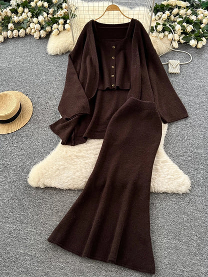 Lazy Style Casual Suit for Women - Loose Fit, Versatile, Sleeveless Square Neck Vest, Loose Outerwear, Knitted Cardigan, Skirt
