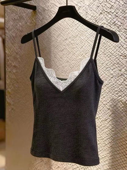Women's Summer V-Neck Camisole with Black Lace Paneling – A Sexy, Alluring Top Suitable for Layering or Wearing Solo