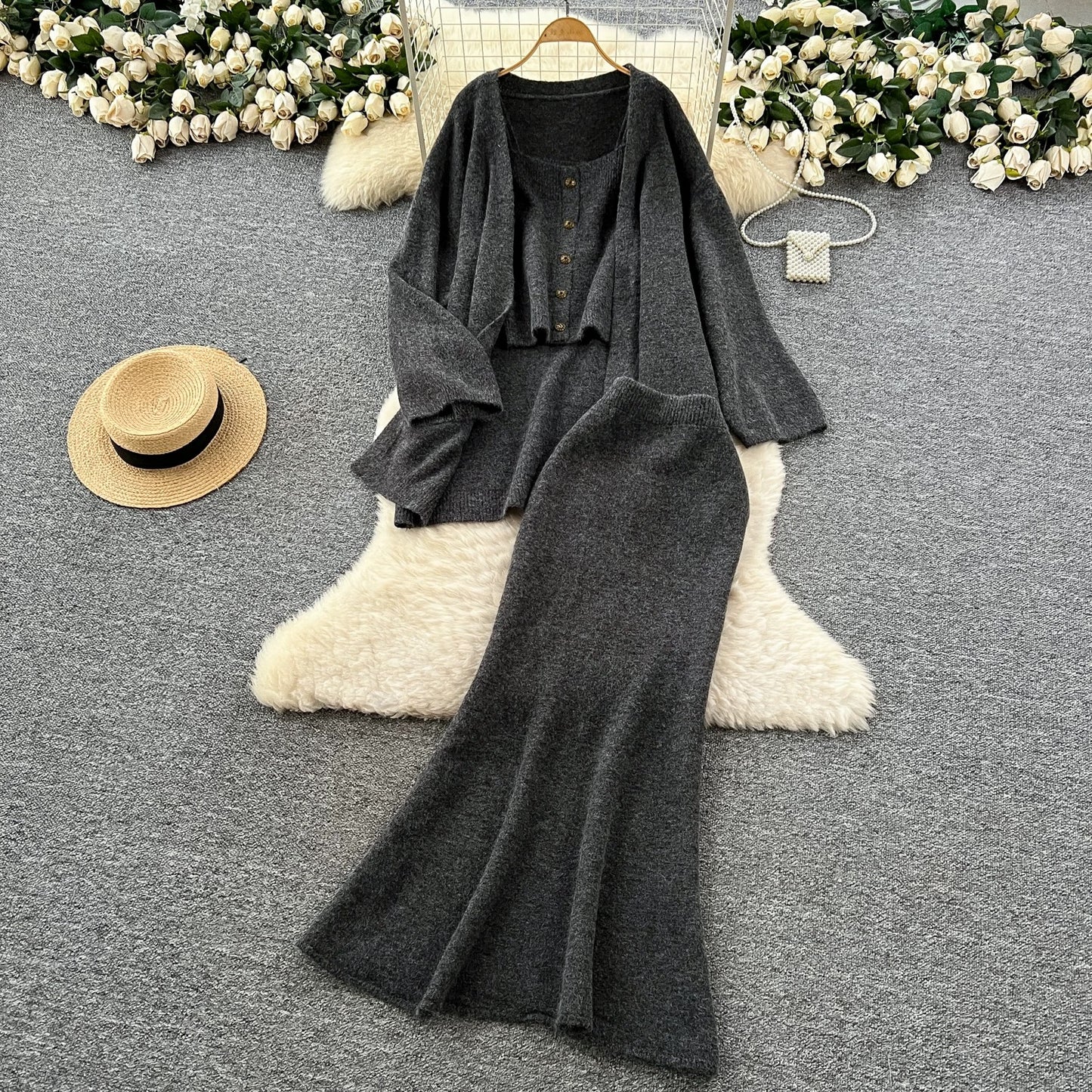 Lazy Style Casual Suit for Women - Loose Fit, Versatile, Sleeveless Square Neck Vest, Loose Outerwear, Knitted Cardigan, Skirt