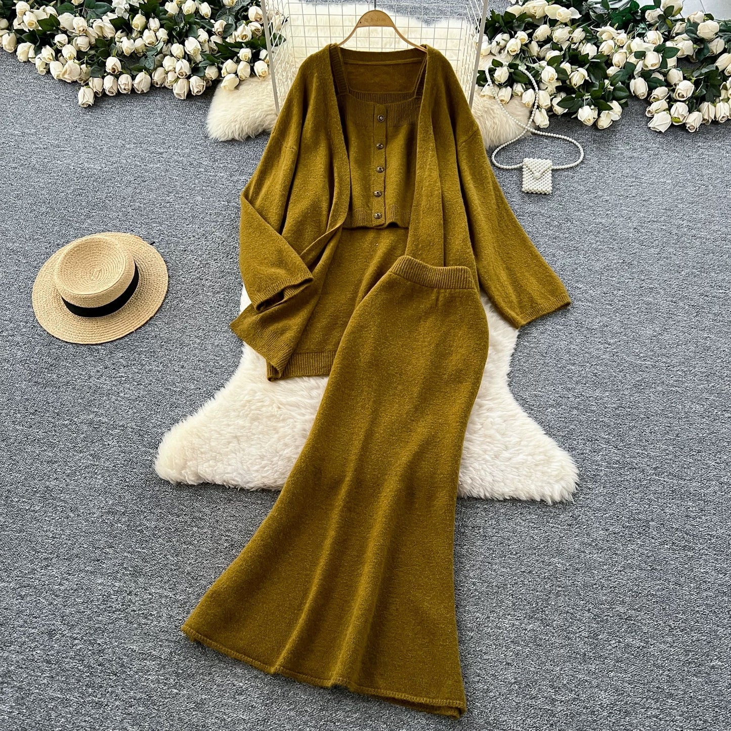 Lazy Style Casual Suit for Women - Loose Fit, Versatile, Sleeveless Square Neck Vest, Loose Outerwear, Knitted Cardigan, Skirt