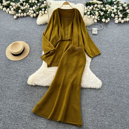 Lazy Style Casual Suit for Women - Loose Fit, Versatile, Sleeveless Square Neck Vest, Loose Outerwear, Knitted Cardigan, Skirt