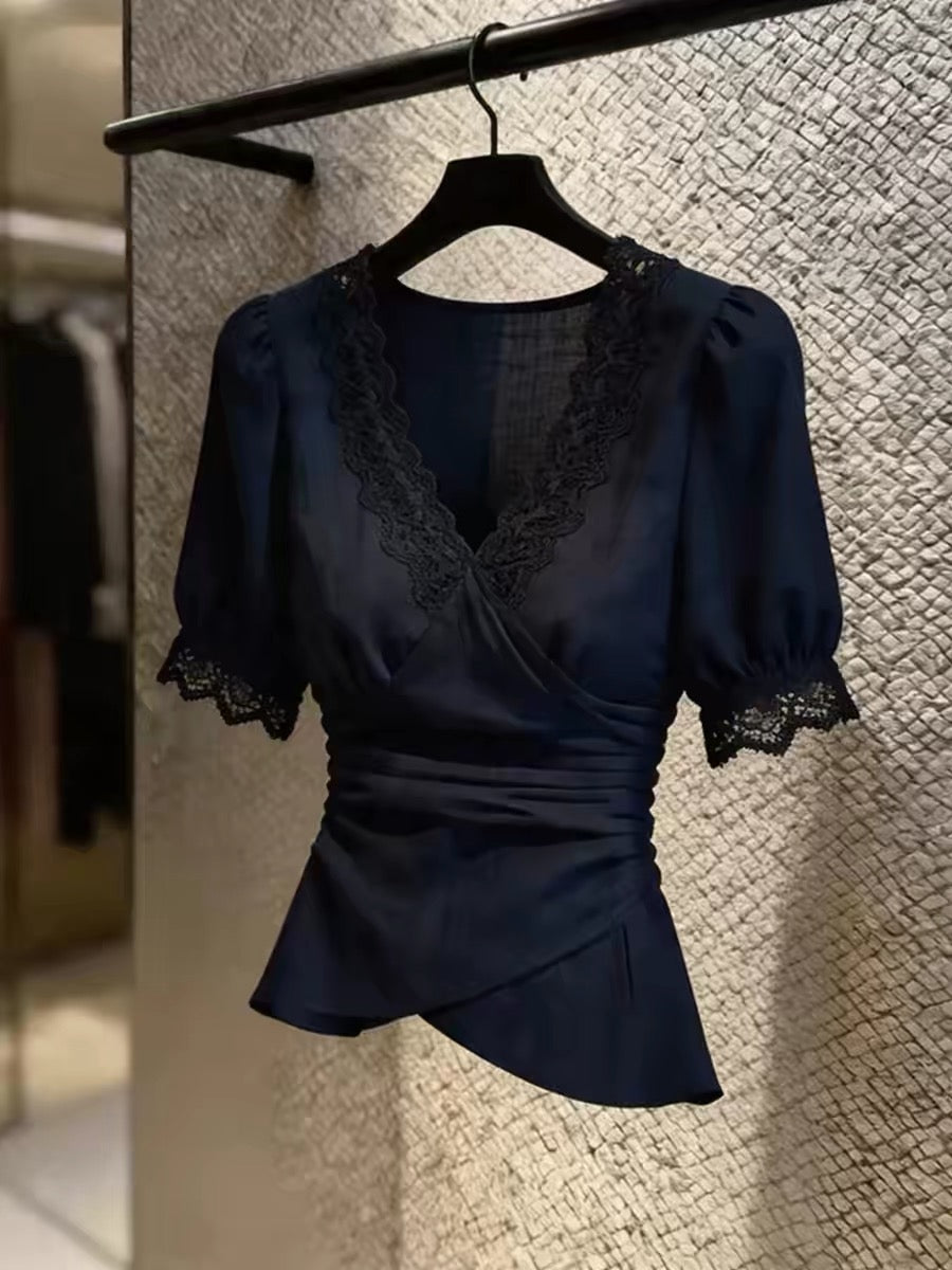 Women's French-style elegant lace V-neck top; a unique, stylish summer piece in deep blue featuring a waist-cinching, slimming cut.