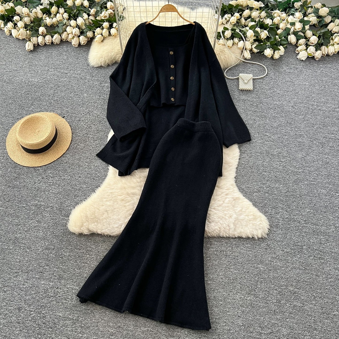Lazy Style Casual Suit for Women - Loose Fit, Versatile, Sleeveless Square Neck Vest, Loose Outerwear, Knitted Cardigan, Skirt