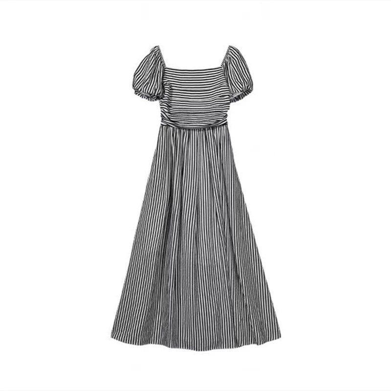 Meizi's same style [slightly drunken lines] black and white striped suspender dress design holiday style puff sleeve long skirt