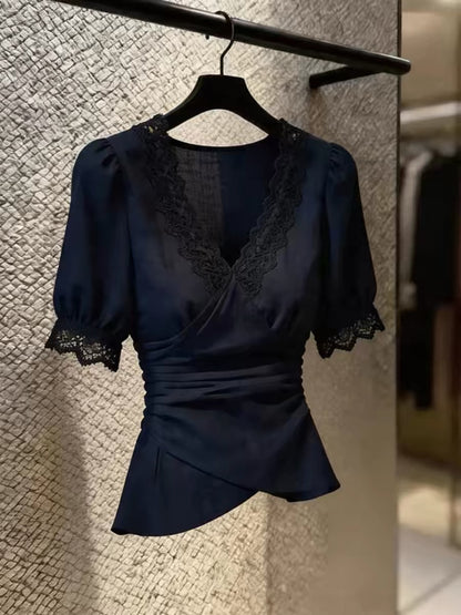 Women's French-style elegant lace V-neck top; a unique, stylish summer piece in deep blue featuring a waist-cinching, slimming cut.