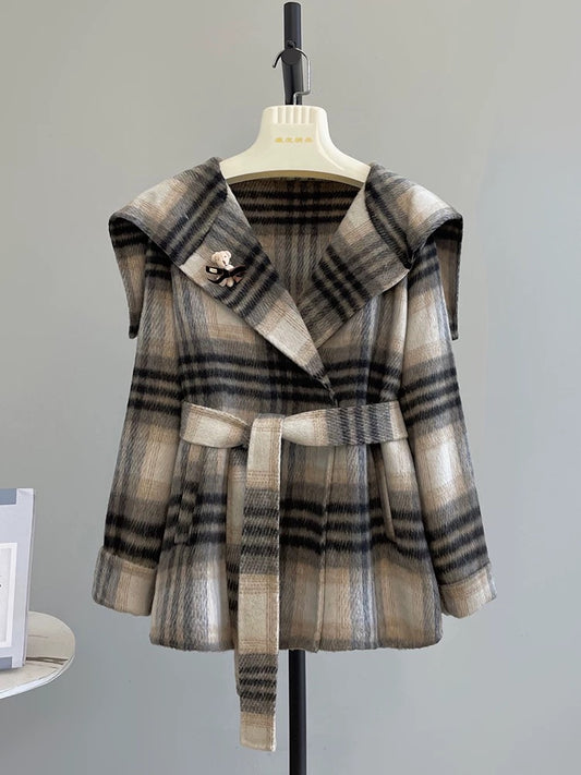 Navy collar plaid double-faced woolen coat woolen coat women's belt petite thick short versatile N06
