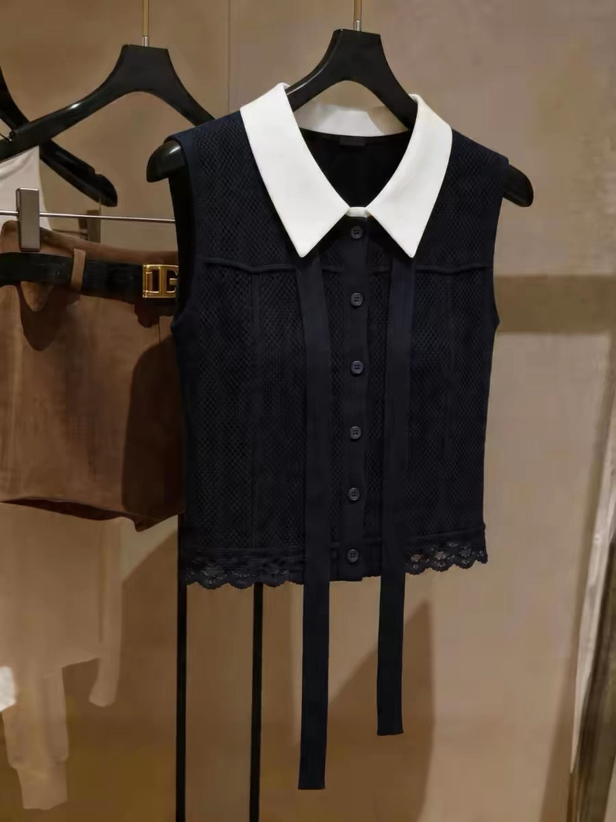 Korean-style black sleeveless top featuring lace paneling, a flattering slim fit, and a stylish button-down collar design—perfect for summer.