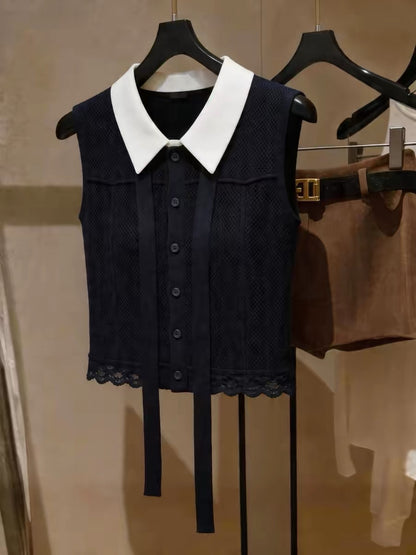 Korean-style black sleeveless top featuring lace paneling, a flattering slim fit, and a stylish button-down collar design—perfect for summer.
