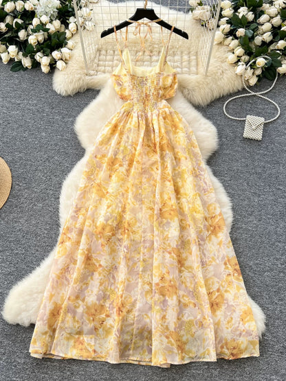 French retro floral chiffon dress for women, spring 2025, sexy hollow-out halter neck suspender maxi dress.