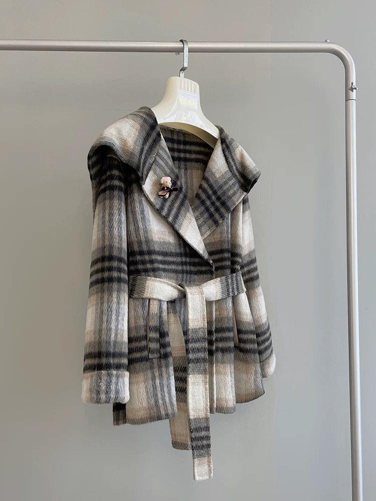 Navy collar plaid double-faced woolen coat woolen coat women's belt petite thick short versatile N06