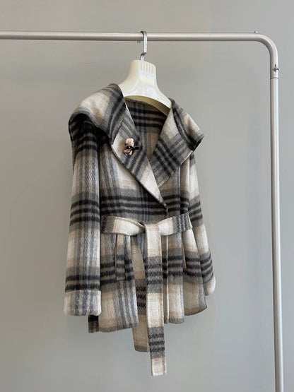 Navy collar plaid double-faced woolen coat woolen coat women's belt petite thick short versatile N06