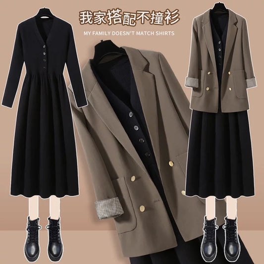 2024 new autumn and winter brown loose suit jacket women's slim knitted dress casual suit two-piece suit