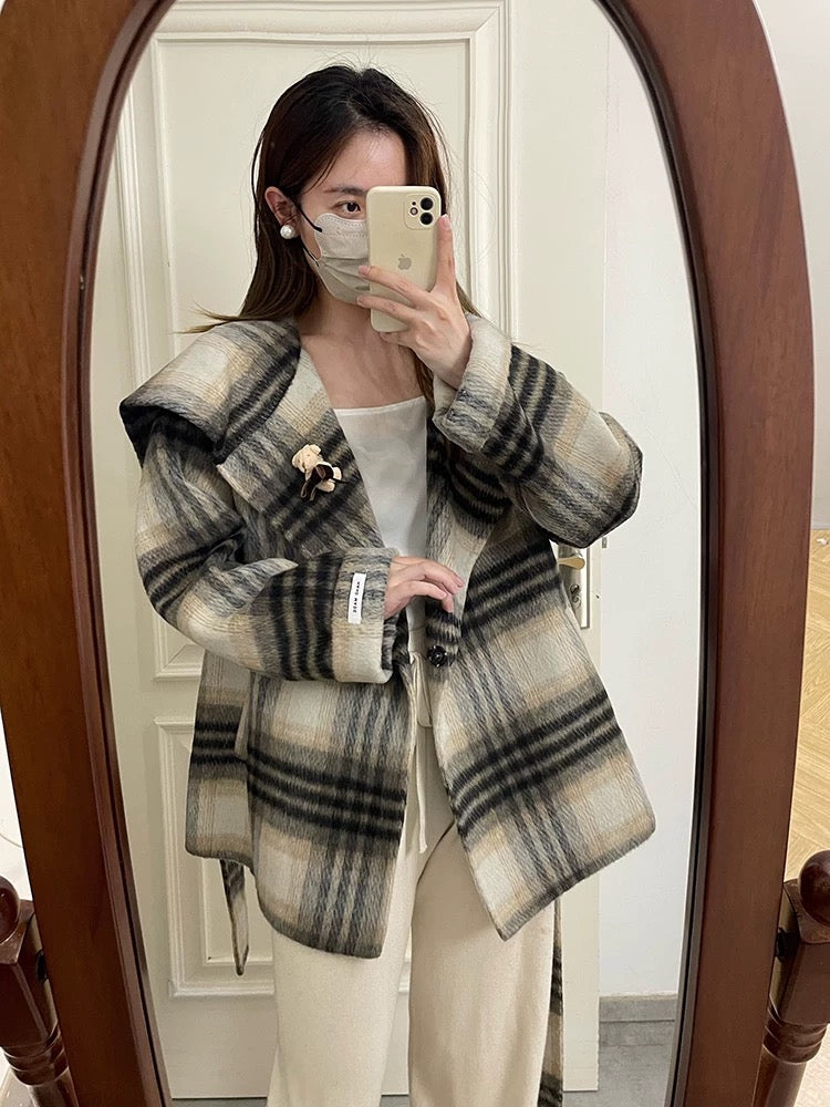 Navy collar plaid double-faced woolen coat woolen coat women's belt petite thick short versatile N06