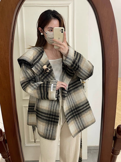 Navy collar plaid double-faced woolen coat woolen coat women's belt petite thick short versatile N06