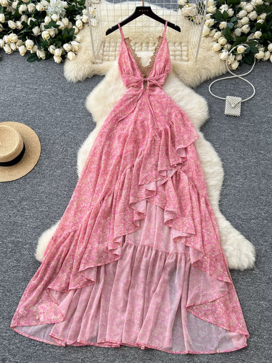 Resort-style women's dress, French sexy hollow-out waist-revealing V-neck lace camisole waist-cinching floral chiffon long dress