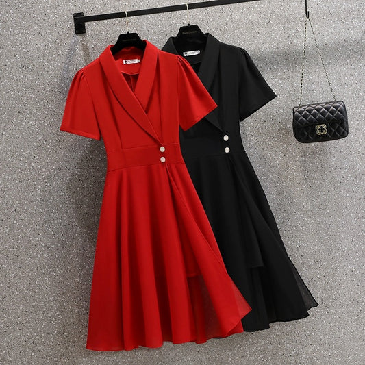 Large size 2024 new summer style fat girl fashion temperament suit collar waist slimming belly-covering slit dress for women