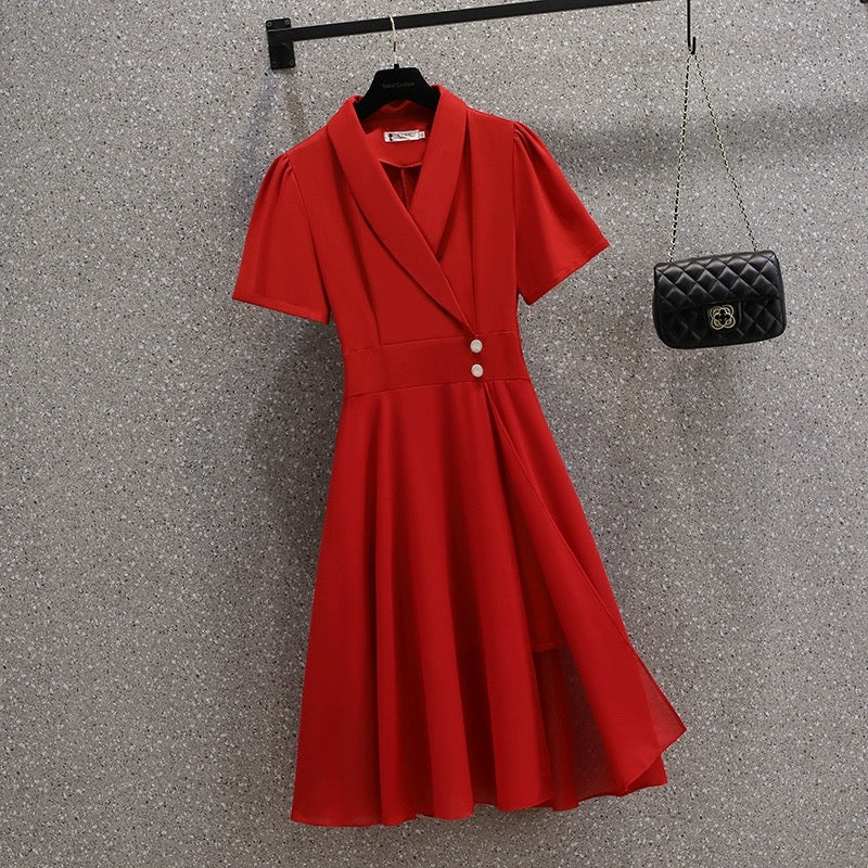 Large size 2024 new summer style fat girl fashion temperament suit collar waist slimming belly-covering slit dress for women