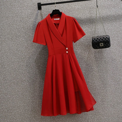 Large size 2024 new summer style fat girl fashion temperament suit collar waist slimming belly-covering slit dress for women