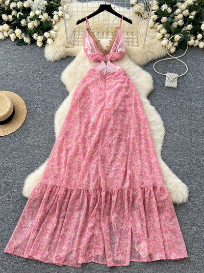 Resort-style women's dress, French sexy hollow-out waist-revealing V-neck lace camisole waist-cinching floral chiffon long dress