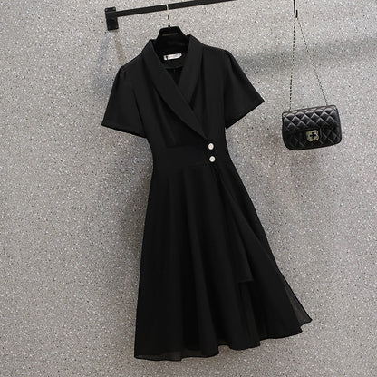 Large size 2024 new summer style fat girl fashion temperament suit collar waist slimming belly-covering slit dress for women