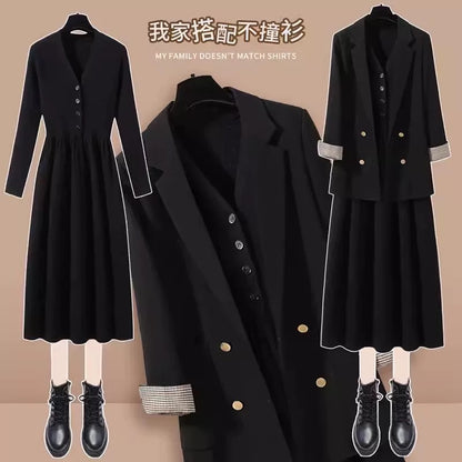 2024 new autumn and winter brown loose suit jacket women's slim knitted dress casual suit two-piece suit