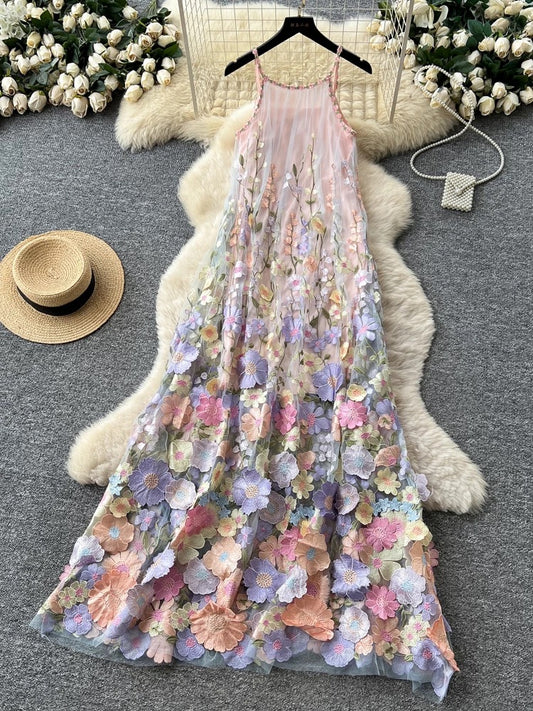 Super ethereal 3D floral embroidered mesh dress, summer sleeveless A-line elegant long dress, slimming and stunning gown.