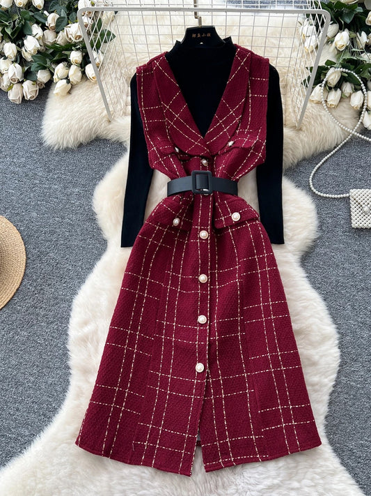 French-style elegant plaid tweed sleeveless dress paired with a high-neck long-sleeved knit top set for women in autumn.
