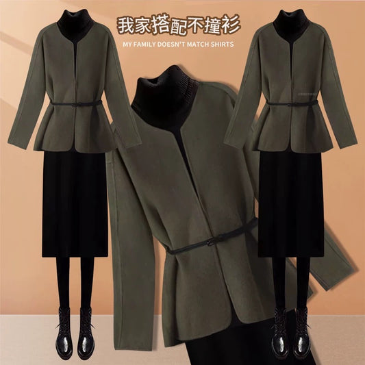 New Chinese style high-end woolen coat jacket for women 2024 autumn and winter new slim and versatile knitted dress two-piece set