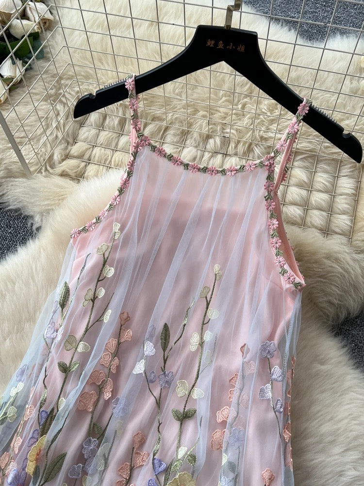 Super ethereal 3D floral embroidered mesh dress, summer sleeveless A-line elegant long dress, slimming and stunning gown.