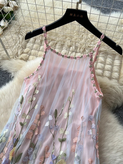 Super ethereal 3D floral embroidered mesh dress, summer sleeveless A-line elegant long dress, slimming and stunning gown.