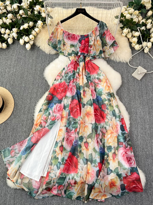 French retro floral print tea dress for women, summer style, gentle and flattering, slimming and elegant, super fairy-like chiffon dress with ruffles.